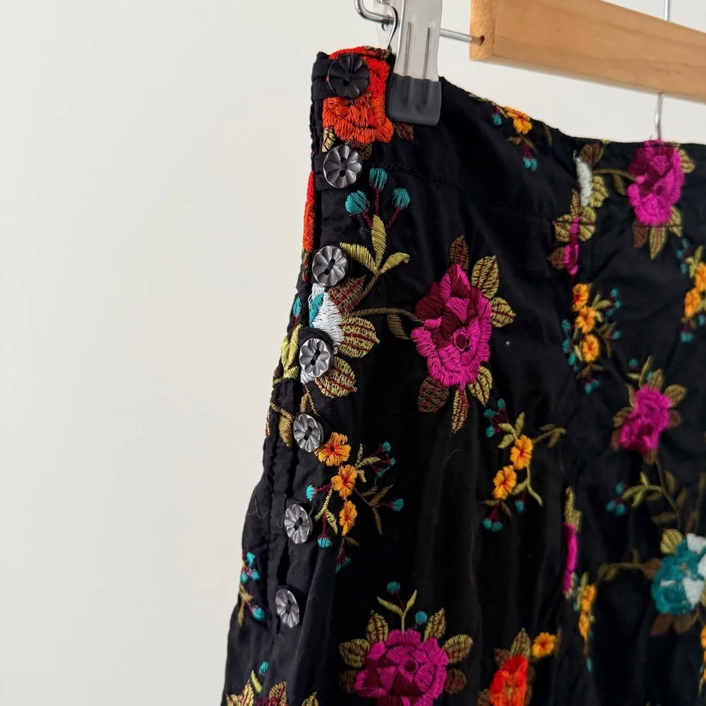 Johnny Was Black A-Line Skirt with Multicolor Floral Embroidery